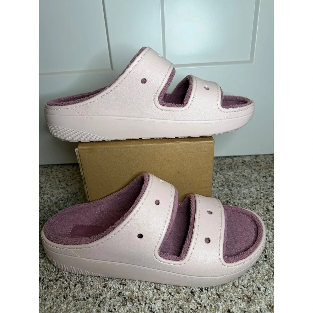 Crocs NEW Classic Cozzzy Towel Sandal Mens 13 Pink Mauve Fuzzy Slides 208963-6UR